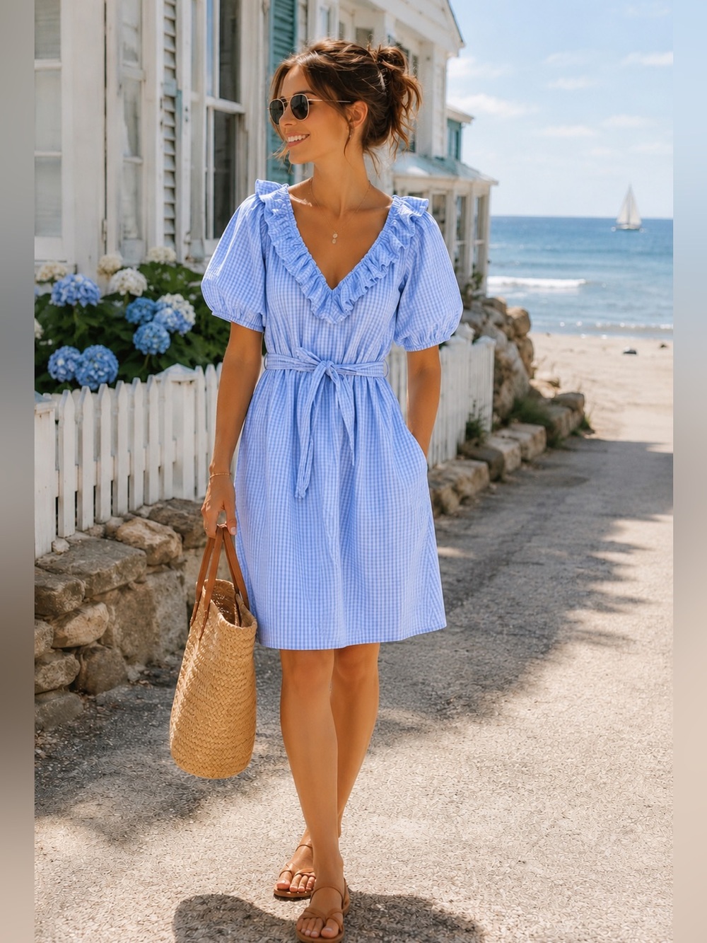 DRAPER JAMES RSVP Women's Blue Gingham Plaid Ruffle V-neck Tie Waist Dress L - Picture 1 of 5